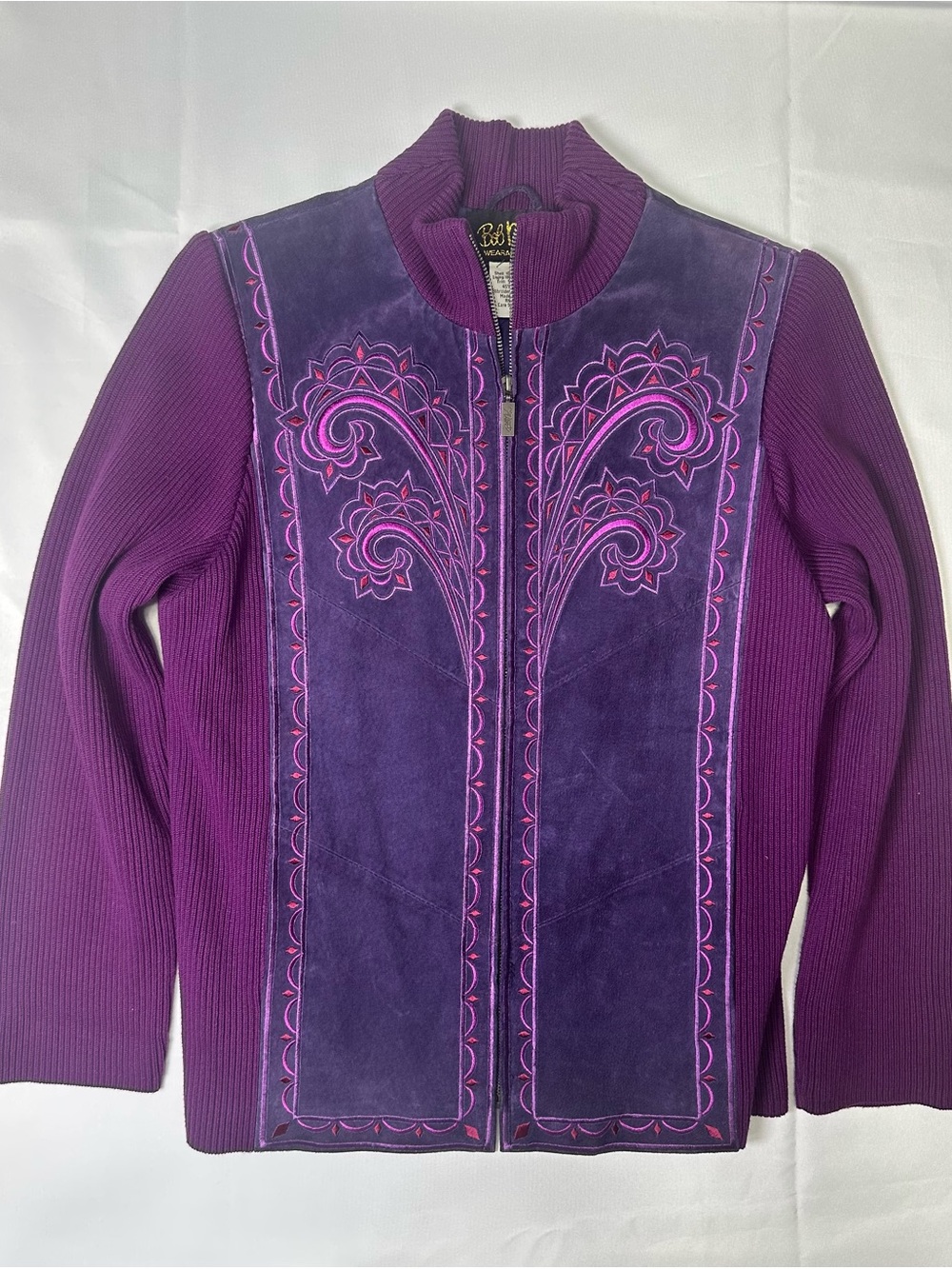 Bob Mackie Wearable Art Purple Suede & Knit Zip Jacket with Pink Embroidery